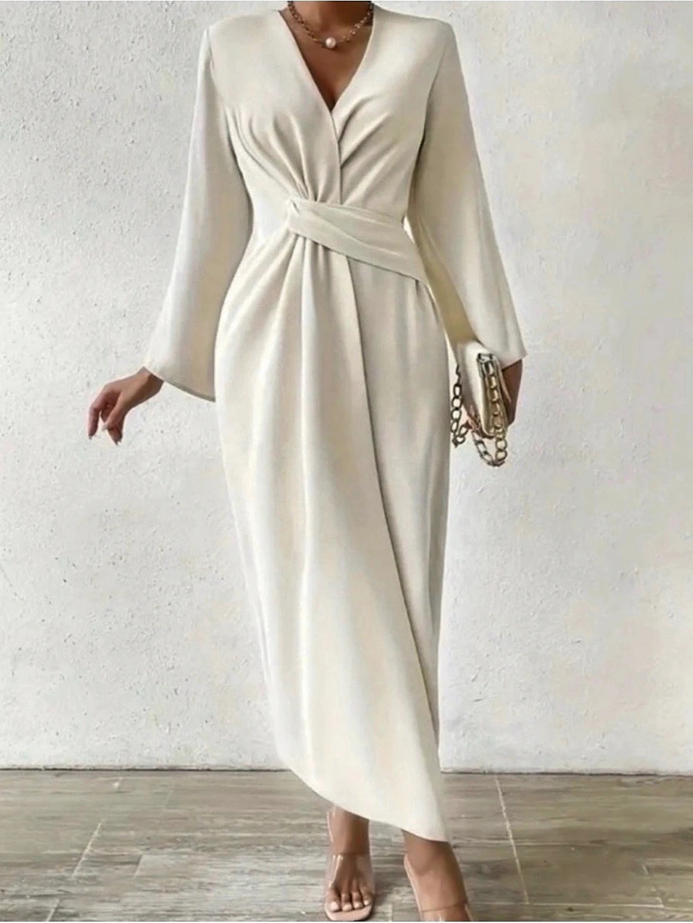 Wrap Waist Long Sleeve Midi Dress in Creamy Champagne